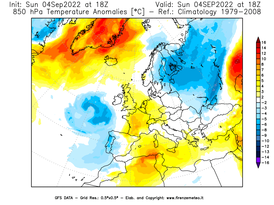 Mappa di analisi GFS - Anomalia Temperatura [°C] a 850 hPa in Europa
							del 04/09/2022 18 <!--googleoff: index-->UTC<!--googleon: index-->