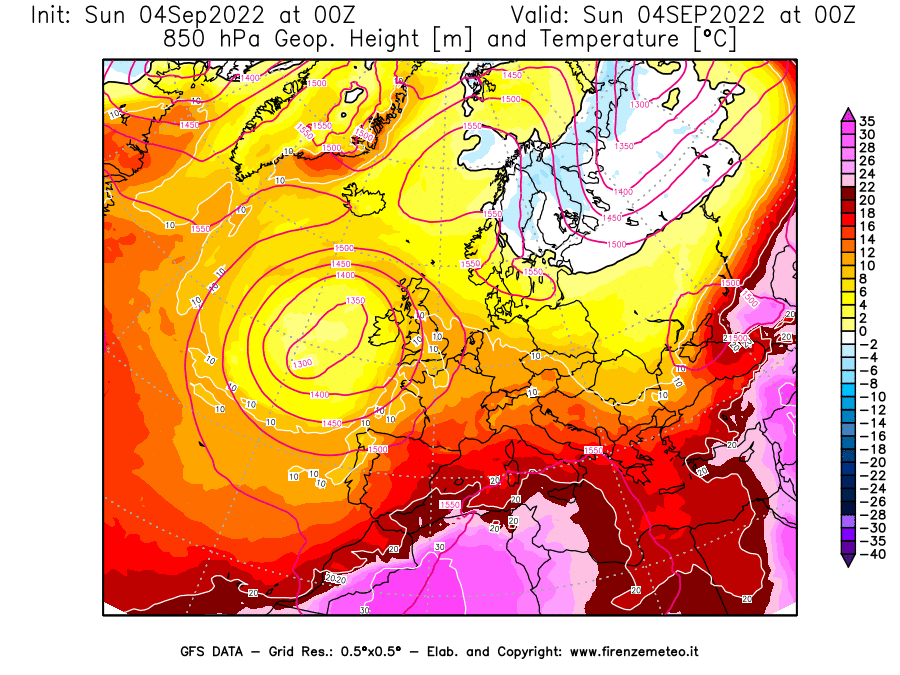 Mappa di analisi GFS - Geopotenziale [m] e Temperatura [°C] a 850 hPa in Europa
							del 04/09/2022 00 <!--googleoff: index-->UTC<!--googleon: index-->