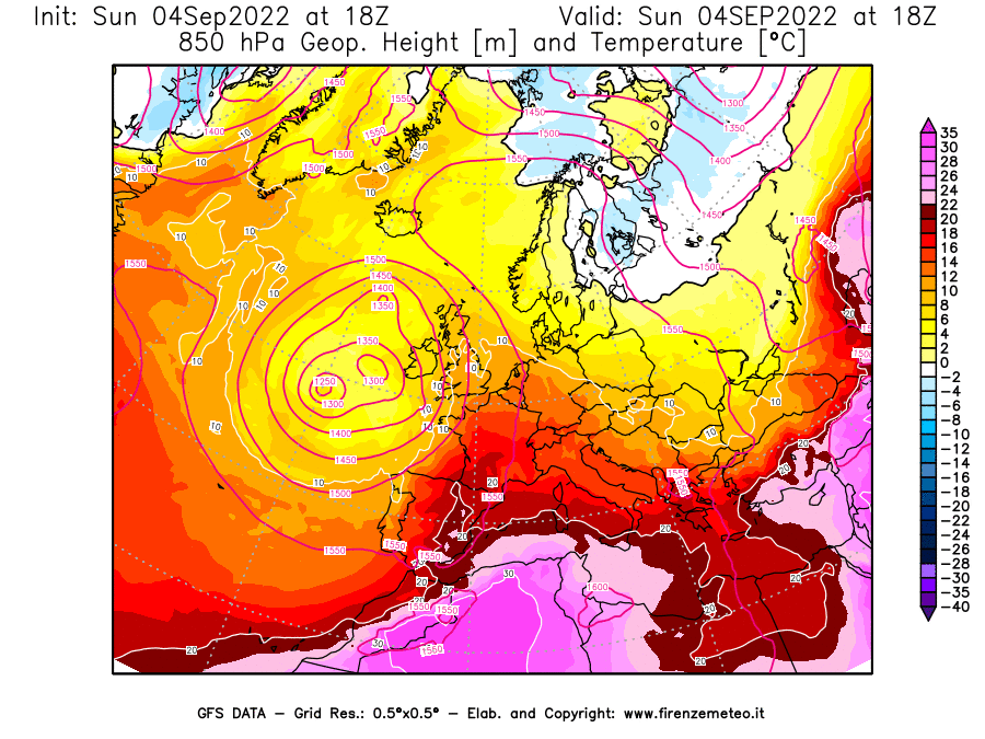 Mappa di analisi GFS - Geopotenziale [m] e Temperatura [°C] a 850 hPa in Europa
							del 04/09/2022 18 <!--googleoff: index-->UTC<!--googleon: index-->