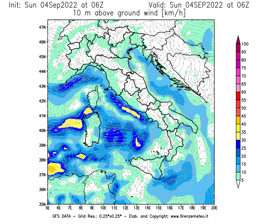 Mappa di analisi GFS - Velocità del vento a 10 metri dal suolo [km/h] in Italia
							del 04/09/2022 06 <!--googleoff: index-->UTC<!--googleon: index-->