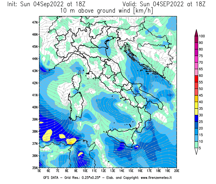Mappa di analisi GFS - Velocità del vento a 10 metri dal suolo [km/h] in Italia
							del 04/09/2022 18 <!--googleoff: index-->UTC<!--googleon: index-->