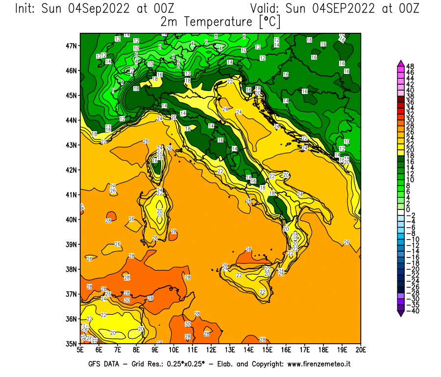 Mappa di analisi GFS - Temperatura a 2 metri dal suolo [°C] in Italia
							del 04/09/2022 00 <!--googleoff: index-->UTC<!--googleon: index-->
