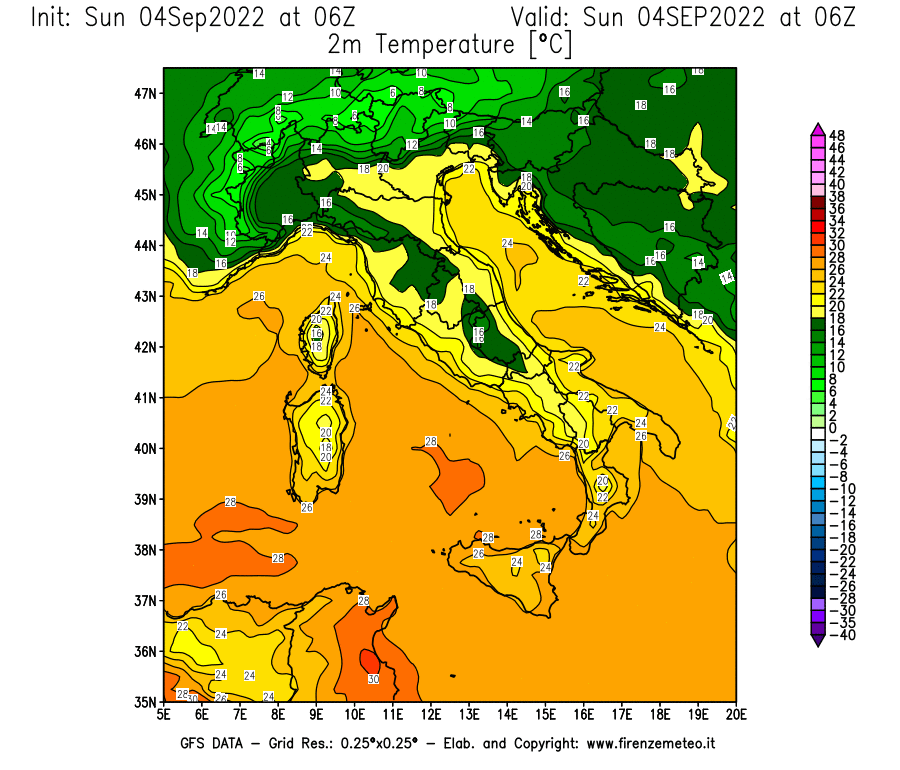 Mappa di analisi GFS - Temperatura a 2 metri dal suolo [°C] in Italia
							del 04/09/2022 06 <!--googleoff: index-->UTC<!--googleon: index-->
