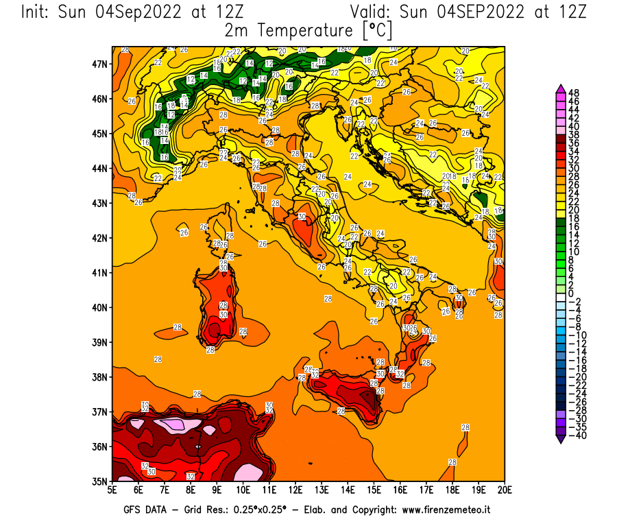 Mappa di analisi GFS - Temperatura a 2 metri dal suolo [°C] in Italia
							del 04/09/2022 12 <!--googleoff: index-->UTC<!--googleon: index-->
