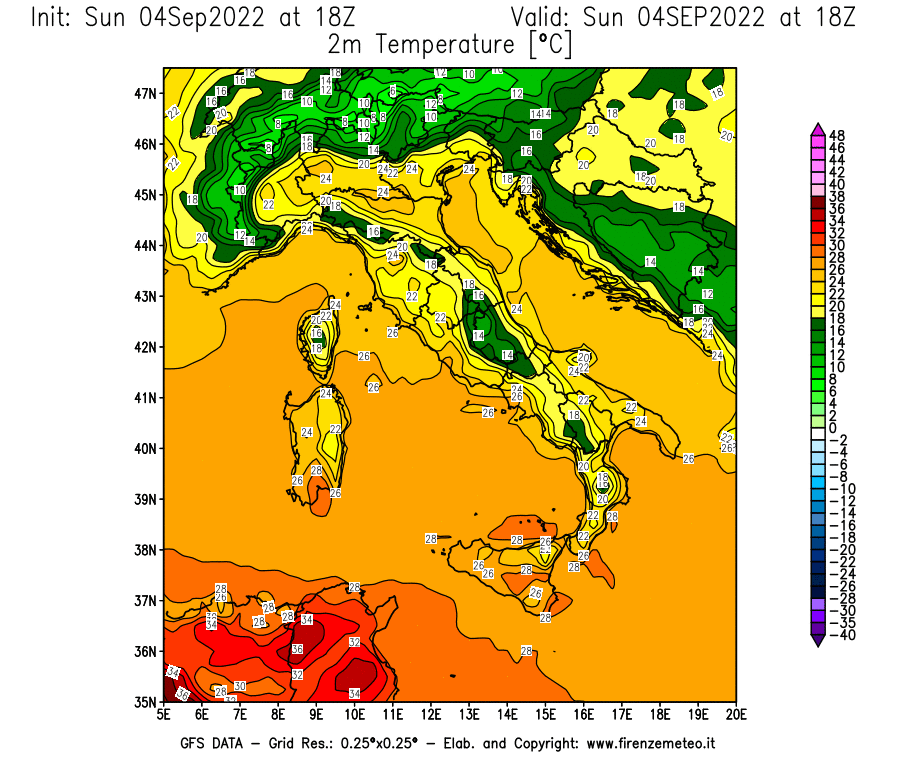 Mappa di analisi GFS - Temperatura a 2 metri dal suolo [°C] in Italia
							del 04/09/2022 18 <!--googleoff: index-->UTC<!--googleon: index-->