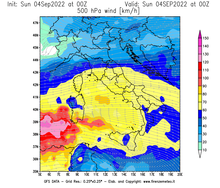 Mappa di analisi GFS - Velocità del vento a 500 hPa [km/h] in Italia
							del 04/09/2022 00 <!--googleoff: index-->UTC<!--googleon: index-->