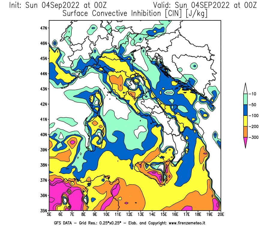 Mappa di analisi GFS - CIN [J/kg] in Italia
							del 04/09/2022 00 <!--googleoff: index-->UTC<!--googleon: index-->