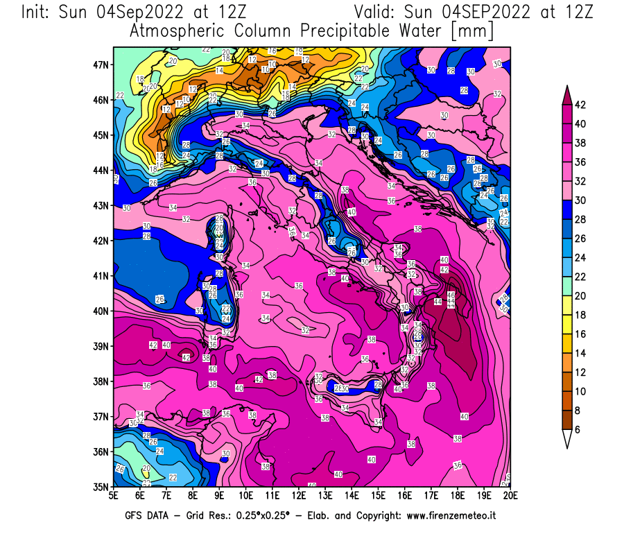 Mappa di analisi GFS - Precipitable Water [mm] in Italia
							del 04/09/2022 12 <!--googleoff: index-->UTC<!--googleon: index-->