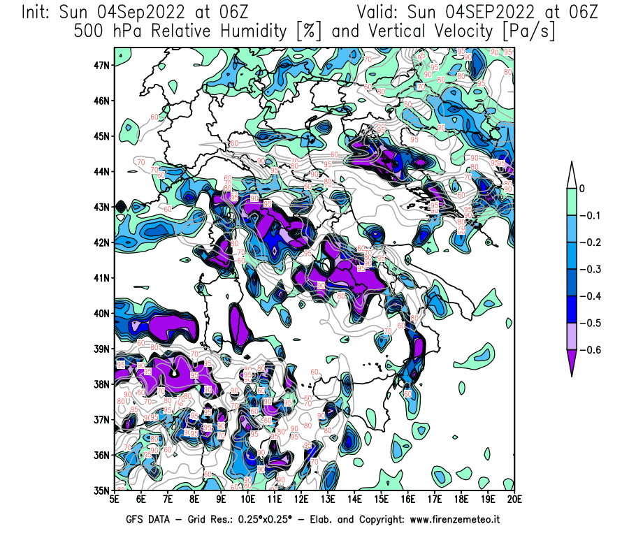 Mappa di analisi GFS - Umidità relativa [%] e Omega [Pa/s] a 500 hPa in Italia
							del 04/09/2022 06 <!--googleoff: index-->UTC<!--googleon: index-->