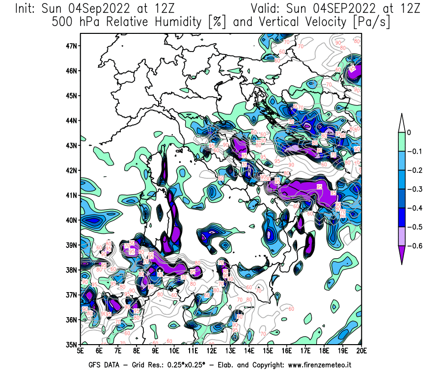 Mappa di analisi GFS - Umidità relativa [%] e Omega [Pa/s] a 500 hPa in Italia
							del 04/09/2022 12 <!--googleoff: index-->UTC<!--googleon: index-->