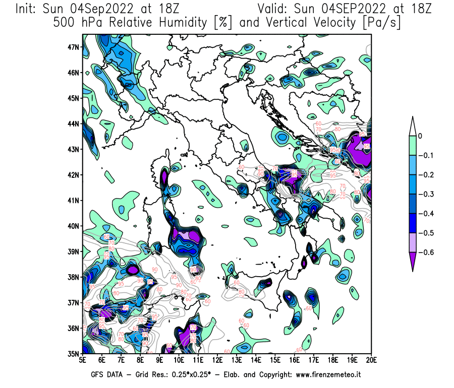 Mappa di analisi GFS - Umidità relativa [%] e Omega [Pa/s] a 500 hPa in Italia
							del 04/09/2022 18 <!--googleoff: index-->UTC<!--googleon: index-->