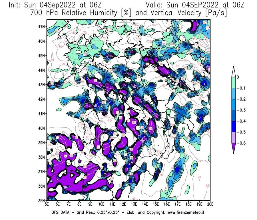 Mappa di analisi GFS - Umidità relativa [%] e Omega [Pa/s] a 700 hPa in Italia
							del 04/09/2022 06 <!--googleoff: index-->UTC<!--googleon: index-->