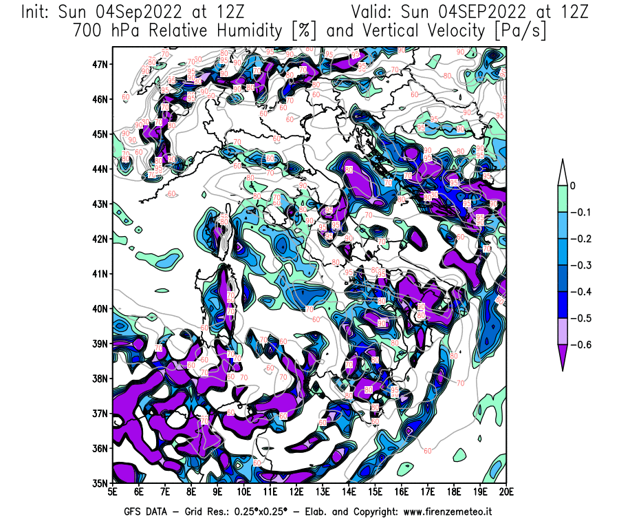 Mappa di analisi GFS - Umidità relativa [%] e Omega [Pa/s] a 700 hPa in Italia
							del 04/09/2022 12 <!--googleoff: index-->UTC<!--googleon: index-->