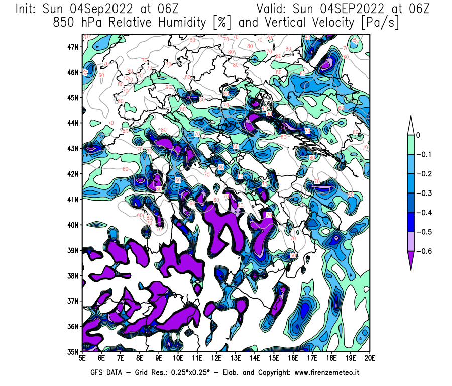 Mappa di analisi GFS - Umidità relativa [%] e Omega [Pa/s] a 850 hPa in Italia
							del 04/09/2022 06 <!--googleoff: index-->UTC<!--googleon: index-->