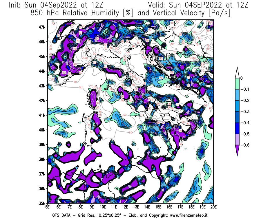 Mappa di analisi GFS - Umidità relativa [%] e Omega [Pa/s] a 850 hPa in Italia
							del 04/09/2022 12 <!--googleoff: index-->UTC<!--googleon: index-->