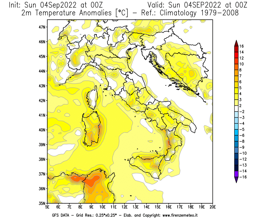 Mappa di analisi GFS - Anomalia Temperatura [°C] a 2 m in Italia
							del 04/09/2022 00 <!--googleoff: index-->UTC<!--googleon: index-->