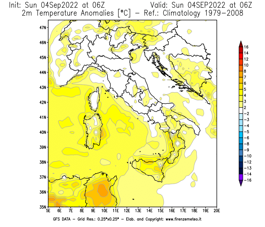 Mappa di analisi GFS - Anomalia Temperatura [°C] a 2 m in Italia
							del 04/09/2022 06 <!--googleoff: index-->UTC<!--googleon: index-->