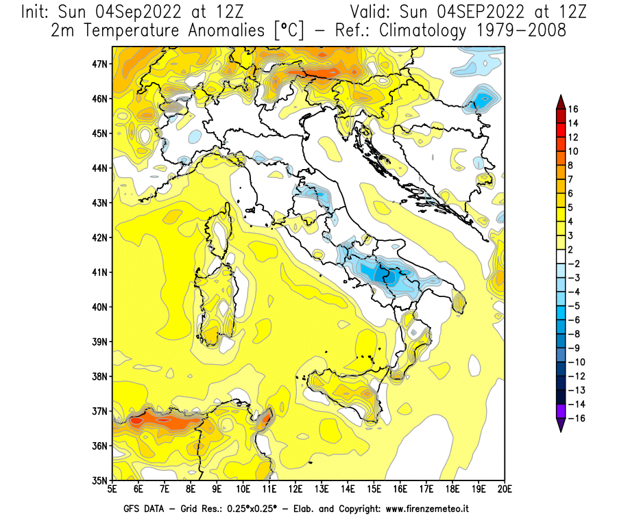Mappa di analisi GFS - Anomalia Temperatura [°C] a 2 m in Italia
							del 04/09/2022 12 <!--googleoff: index-->UTC<!--googleon: index-->