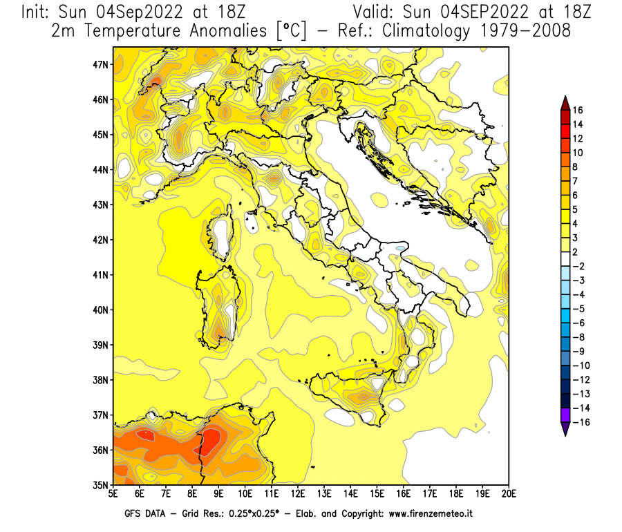 Mappa di analisi GFS - Anomalia Temperatura [°C] a 2 m in Italia
							del 04/09/2022 18 <!--googleoff: index-->UTC<!--googleon: index-->