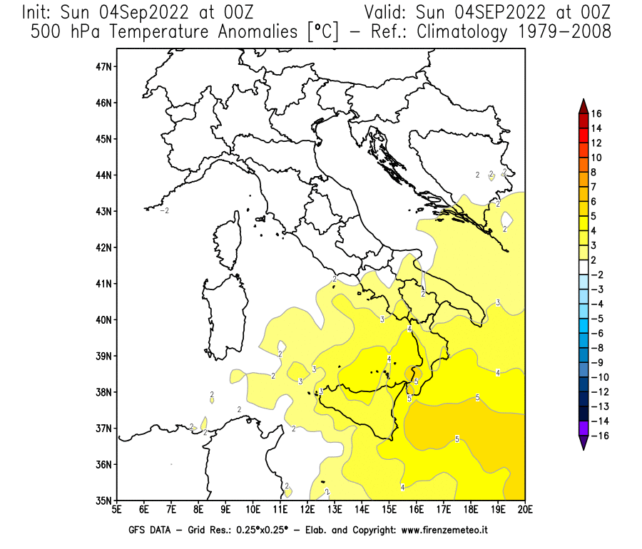 Mappa di analisi GFS - Anomalia Temperatura [°C] a 500 hPa in Italia
							del 04/09/2022 00 <!--googleoff: index-->UTC<!--googleon: index-->
