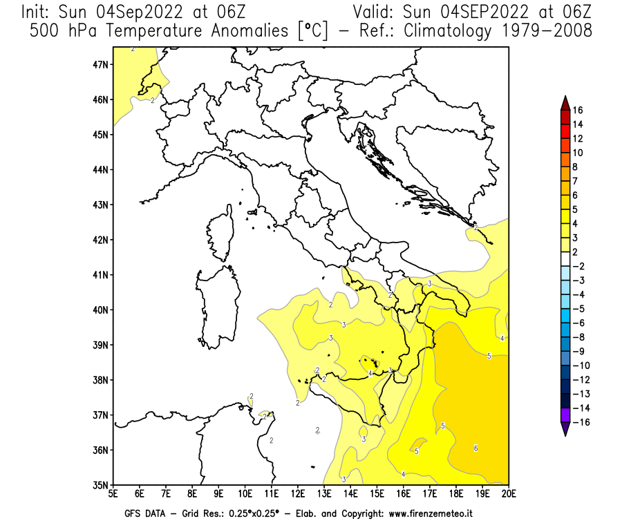 Mappa di analisi GFS - Anomalia Temperatura [°C] a 500 hPa in Italia
							del 04/09/2022 06 <!--googleoff: index-->UTC<!--googleon: index-->