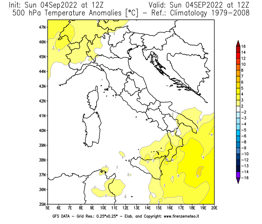 Mappa di analisi GFS - Anomalia Temperatura [°C] a 500 hPa in Italia
							del 04/09/2022 12 <!--googleoff: index-->UTC<!--googleon: index-->