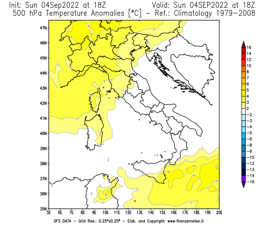 Mappa di analisi GFS - Anomalia Temperatura [°C] a 500 hPa in Italia
							del 04/09/2022 18 <!--googleoff: index-->UTC<!--googleon: index-->