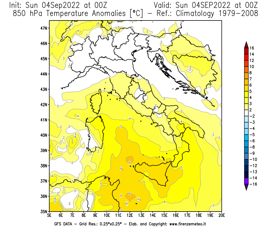 Mappa di analisi GFS - Anomalia Temperatura [°C] a 850 hPa in Italia
							del 04/09/2022 00 <!--googleoff: index-->UTC<!--googleon: index-->