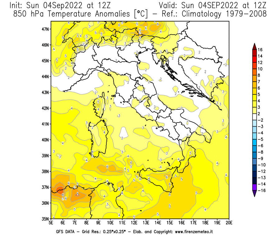 Mappa di analisi GFS - Anomalia Temperatura [°C] a 850 hPa in Italia
							del 04/09/2022 12 <!--googleoff: index-->UTC<!--googleon: index-->