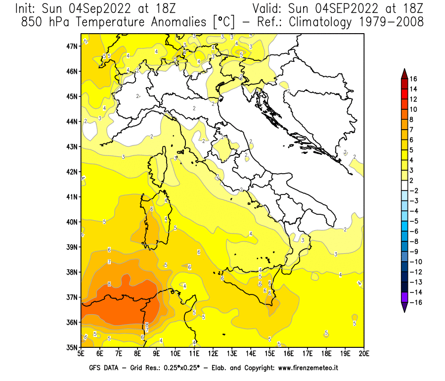 Mappa di analisi GFS - Anomalia Temperatura [°C] a 850 hPa in Italia
							del 04/09/2022 18 <!--googleoff: index-->UTC<!--googleon: index-->