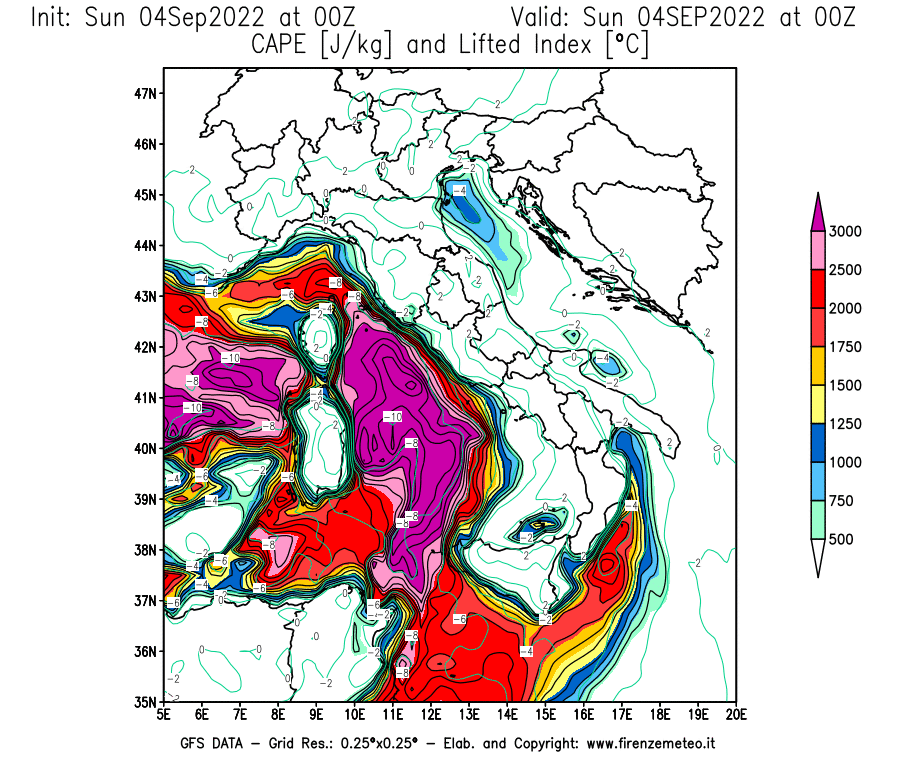 Mappa di analisi GFS - CAPE [J/kg] e Lifted Index [°C] in Italia
							del 04/09/2022 00 <!--googleoff: index-->UTC<!--googleon: index-->