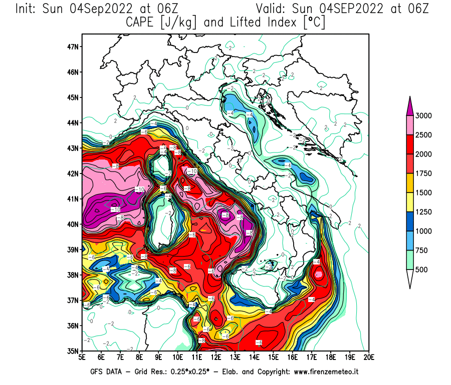 Mappa di analisi GFS - CAPE [J/kg] e Lifted Index [°C] in Italia
							del 04/09/2022 06 <!--googleoff: index-->UTC<!--googleon: index-->