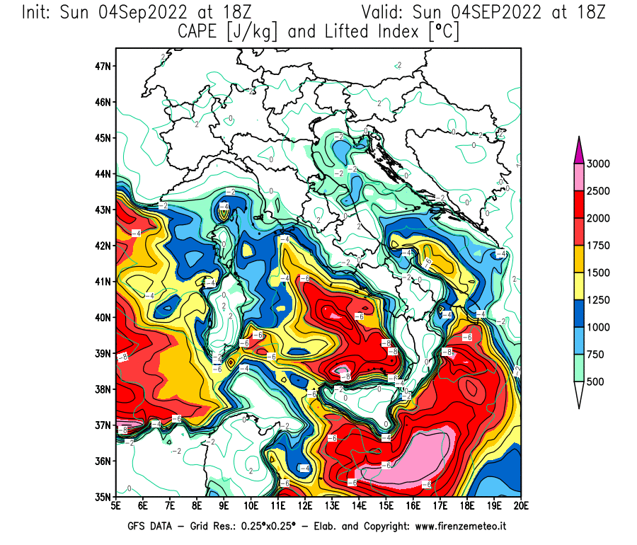 Mappa di analisi GFS - CAPE [J/kg] e Lifted Index [°C] in Italia
							del 04/09/2022 18 <!--googleoff: index-->UTC<!--googleon: index-->
