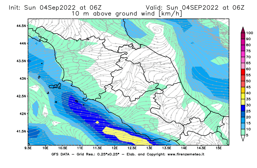 Mappa di analisi GFS - Velocità del vento a 10 metri dal suolo [km/h] in Centro-Italia
							del 04/09/2022 06 <!--googleoff: index-->UTC<!--googleon: index-->
