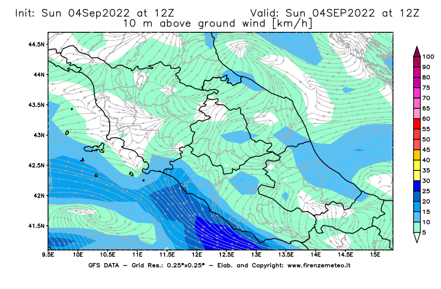 Mappa di analisi GFS - Velocità del vento a 10 metri dal suolo [km/h] in Centro-Italia
							del 04/09/2022 12 <!--googleoff: index-->UTC<!--googleon: index-->