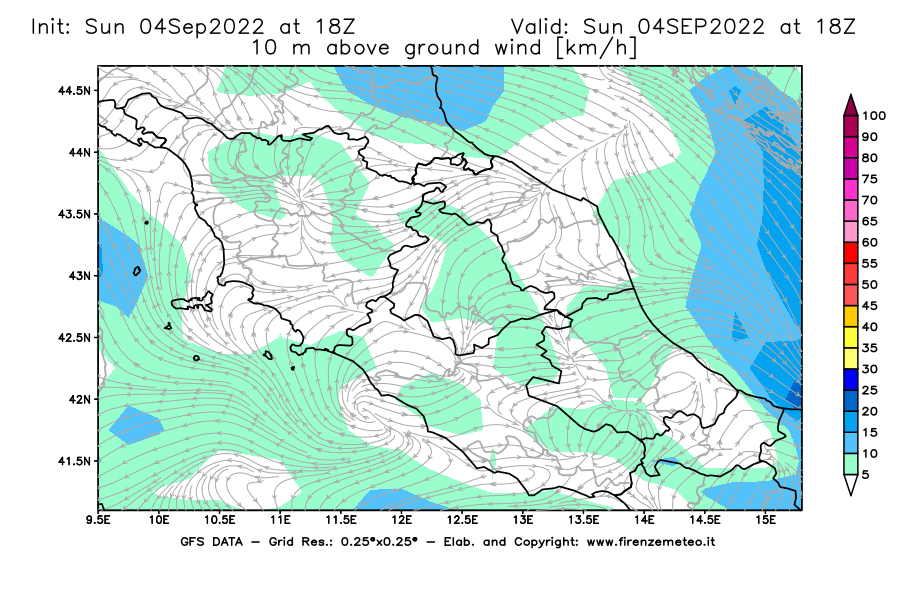 Mappa di analisi GFS - Velocità del vento a 10 metri dal suolo [km/h] in Centro-Italia
							del 04/09/2022 18 <!--googleoff: index-->UTC<!--googleon: index-->