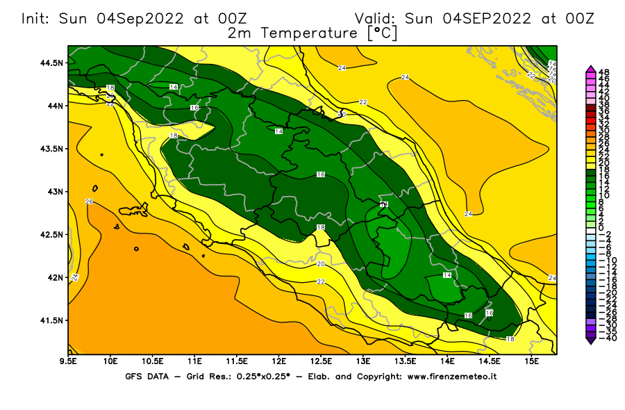 Mappa di analisi GFS - Temperatura a 2 metri dal suolo [°C] in Centro-Italia
							del 04/09/2022 00 <!--googleoff: index-->UTC<!--googleon: index-->