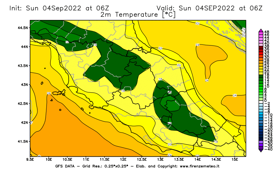 Mappa di analisi GFS - Temperatura a 2 metri dal suolo [°C] in Centro-Italia
							del 04/09/2022 06 <!--googleoff: index-->UTC<!--googleon: index-->