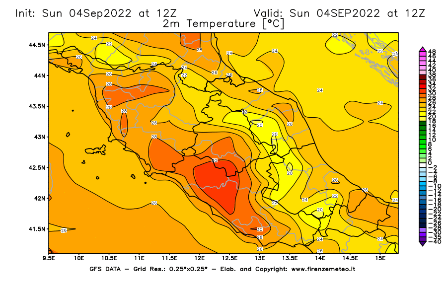 Mappa di analisi GFS - Temperatura a 2 metri dal suolo [°C] in Centro-Italia
							del 04/09/2022 12 <!--googleoff: index-->UTC<!--googleon: index-->
