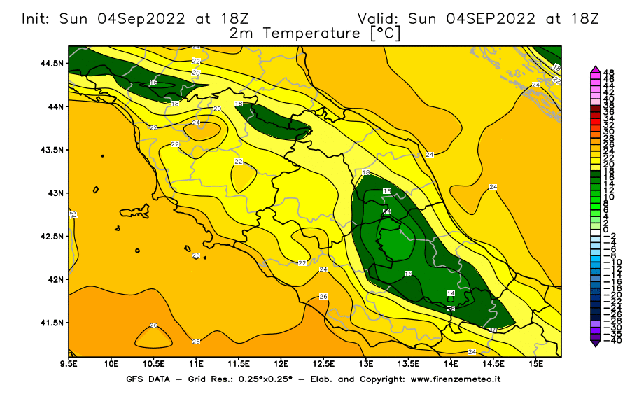 Mappa di analisi GFS - Temperatura a 2 metri dal suolo [°C] in Centro-Italia
							del 04/09/2022 18 <!--googleoff: index-->UTC<!--googleon: index-->