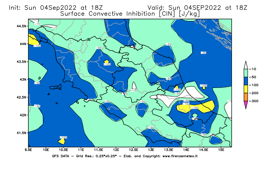 Mappa di analisi GFS - CIN [J/kg] in Centro-Italia
							del 04/09/2022 18 <!--googleoff: index-->UTC<!--googleon: index-->