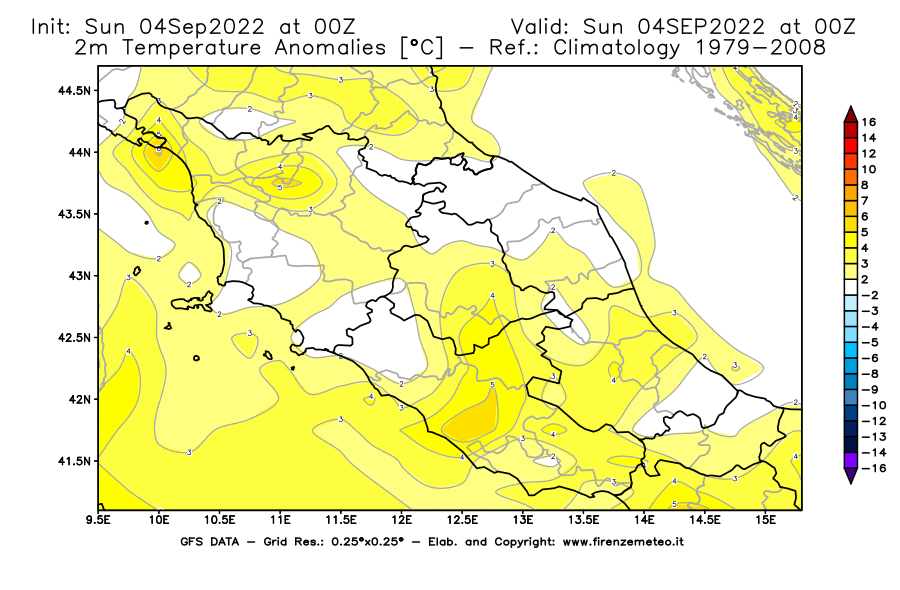 Mappa di analisi GFS - Anomalia Temperatura [°C] a 2 m in Centro-Italia
							del 04/09/2022 00 <!--googleoff: index-->UTC<!--googleon: index-->