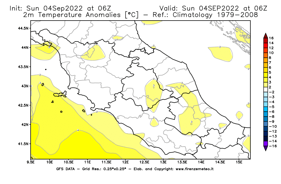 Mappa di analisi GFS - Anomalia Temperatura [°C] a 2 m in Centro-Italia
							del 04/09/2022 06 <!--googleoff: index-->UTC<!--googleon: index-->