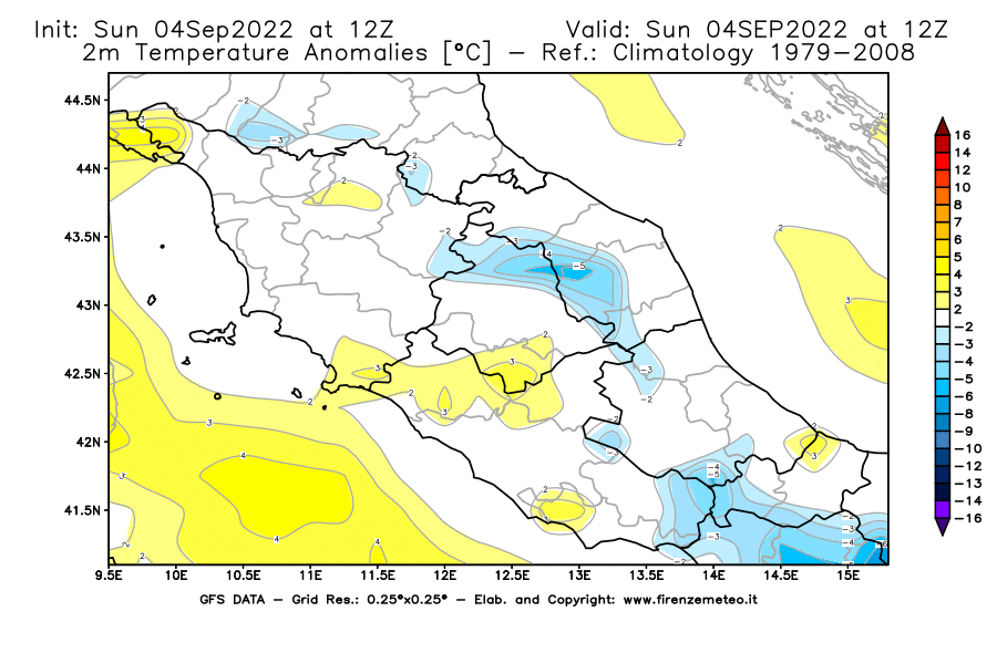Mappa di analisi GFS - Anomalia Temperatura [°C] a 2 m in Centro-Italia
							del 04/09/2022 12 <!--googleoff: index-->UTC<!--googleon: index-->