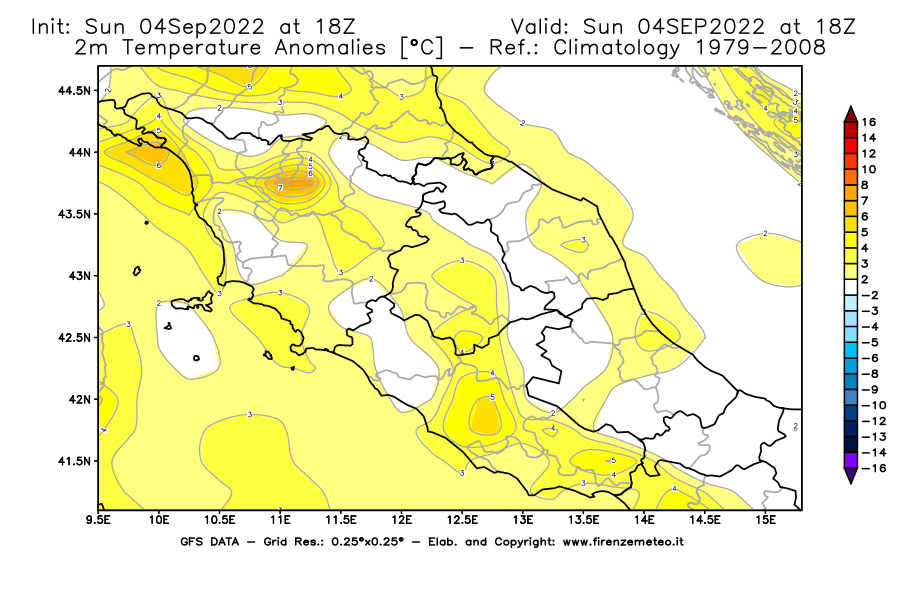 Mappa di analisi GFS - Anomalia Temperatura [°C] a 2 m in Centro-Italia
							del 04/09/2022 18 <!--googleoff: index-->UTC<!--googleon: index-->