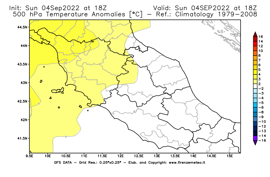 Mappa di analisi GFS - Anomalia Temperatura [°C] a 500 hPa in Centro-Italia
							del 04/09/2022 18 <!--googleoff: index-->UTC<!--googleon: index-->