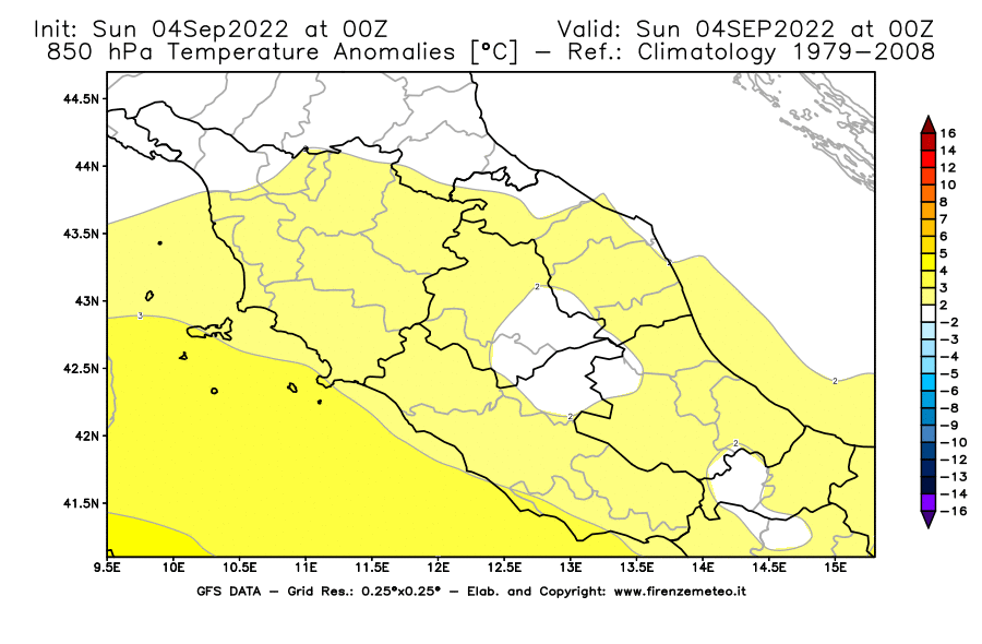 Mappa di analisi GFS - Anomalia Temperatura [°C] a 850 hPa in Centro-Italia
							del 04/09/2022 00 <!--googleoff: index-->UTC<!--googleon: index-->