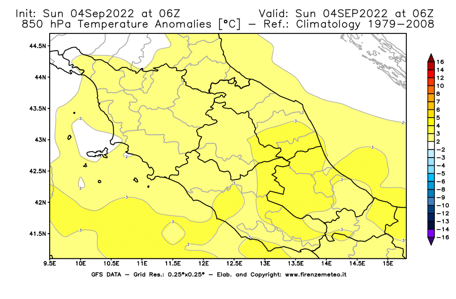 Mappa di analisi GFS - Anomalia Temperatura [°C] a 850 hPa in Centro-Italia
							del 04/09/2022 06 <!--googleoff: index-->UTC<!--googleon: index-->
