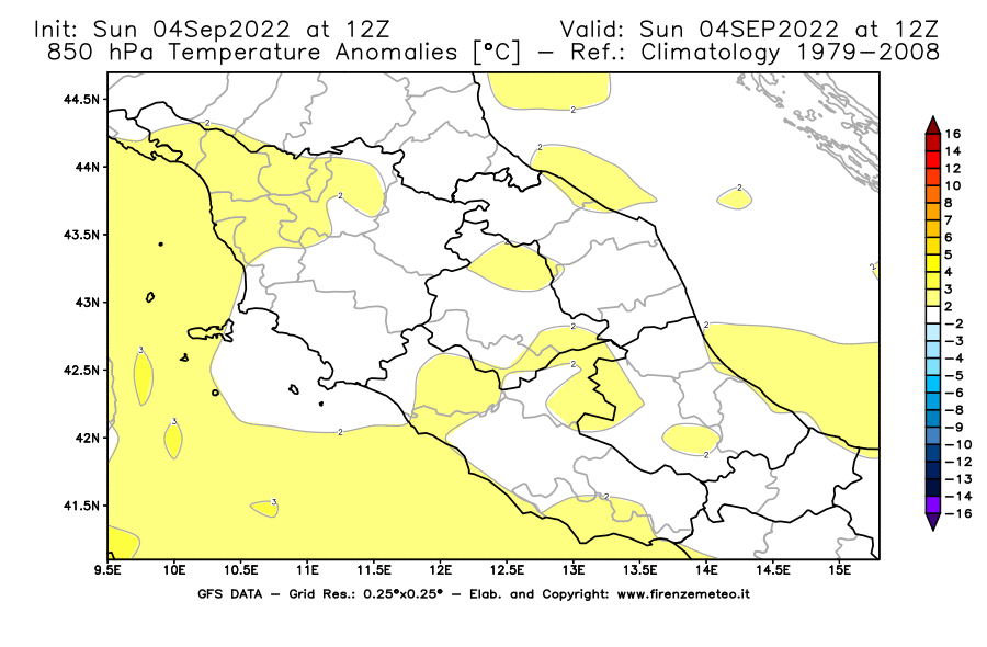 Mappa di analisi GFS - Anomalia Temperatura [°C] a 850 hPa in Centro-Italia
							del 04/09/2022 12 <!--googleoff: index-->UTC<!--googleon: index-->