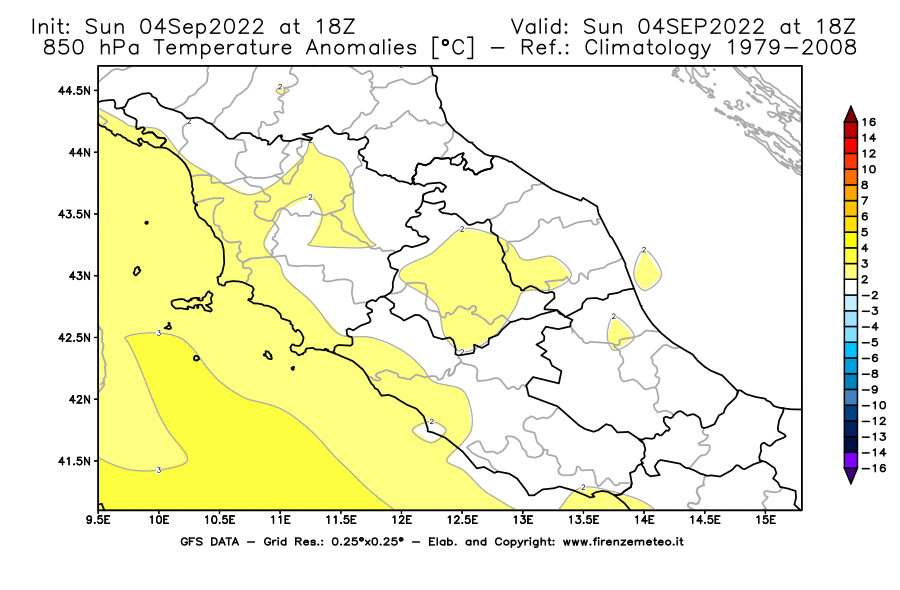 Mappa di analisi GFS - Anomalia Temperatura [°C] a 850 hPa in Centro-Italia
							del 04/09/2022 18 <!--googleoff: index-->UTC<!--googleon: index-->